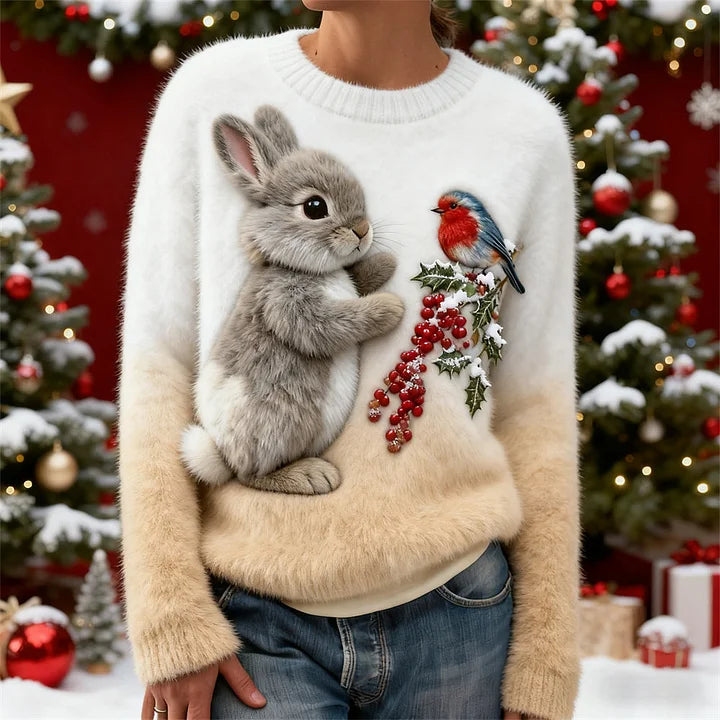 Suzette – Pull en Peluche avec un Lapin de Noël